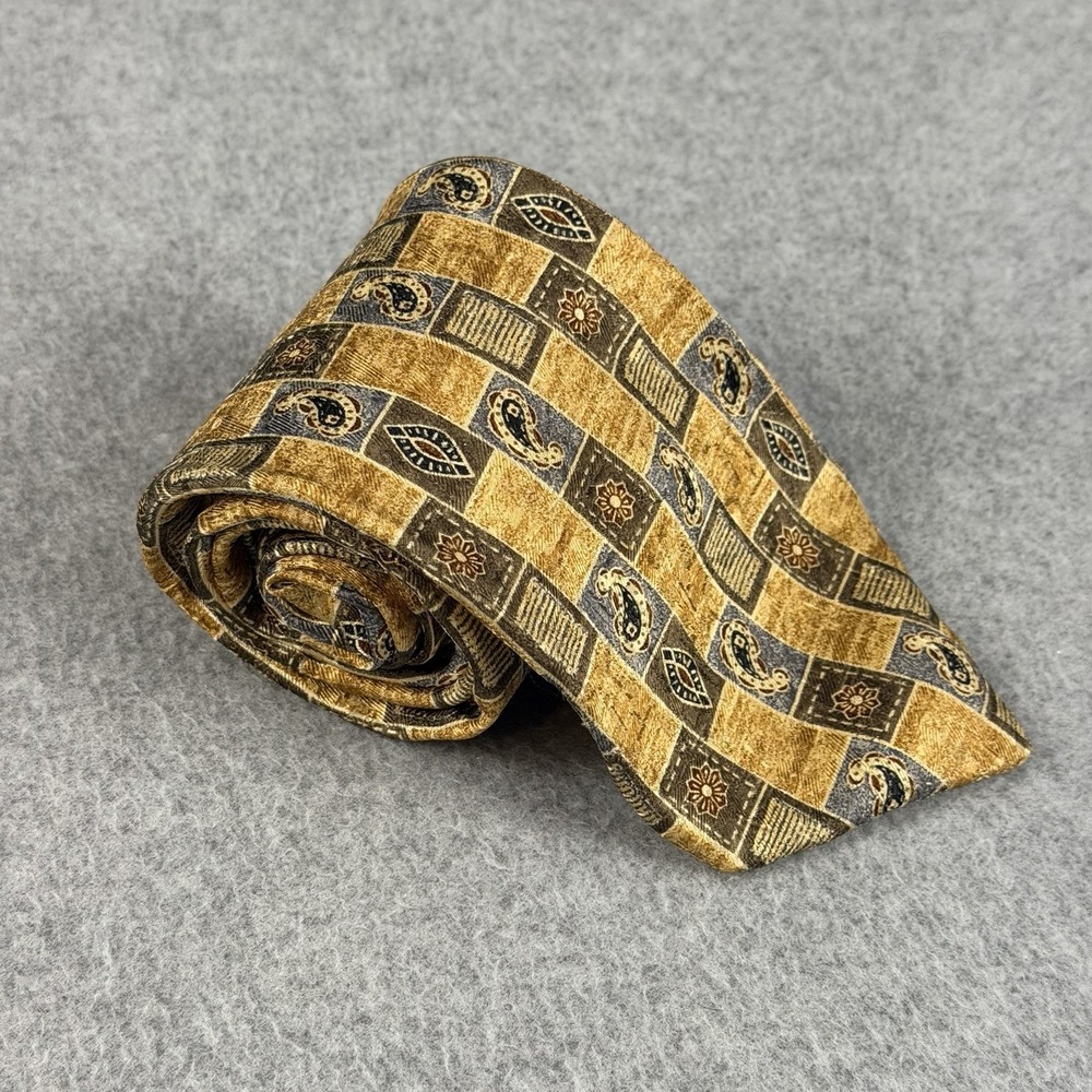 Vintage Lands' End Silk Tie Gold Brown Paisley Geometric Patchwork USA 60x3.75"